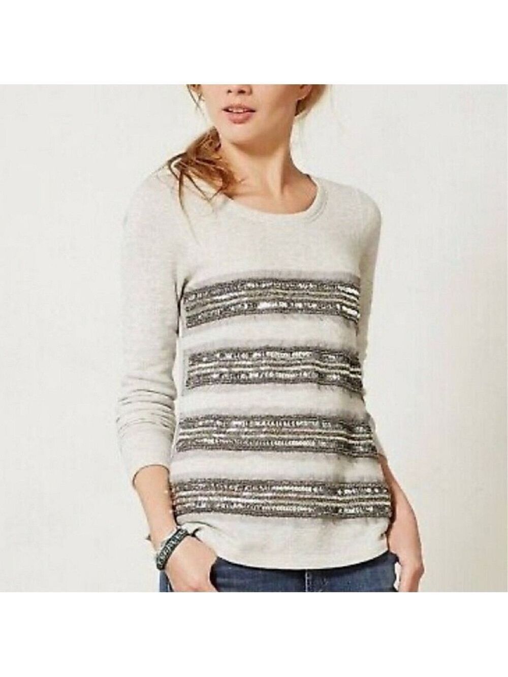 Anthropologie Philosophy Deletta Grey Sequin Beaded Sweater